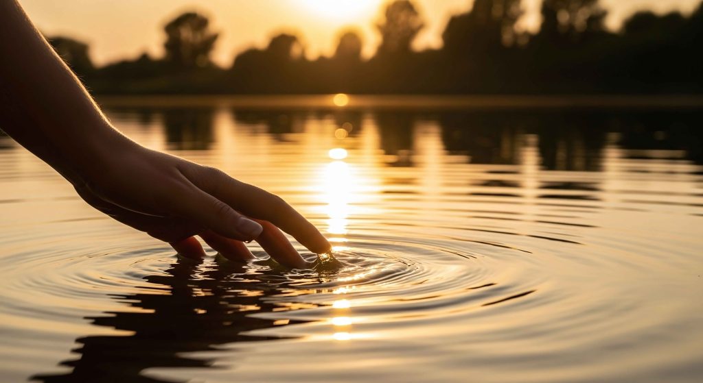 A hand gently touching still water at golden sunset, creating soft ripples — symbolising the ripple effect of mindset work and trauma-informed coaching on business growth and authentic marketing