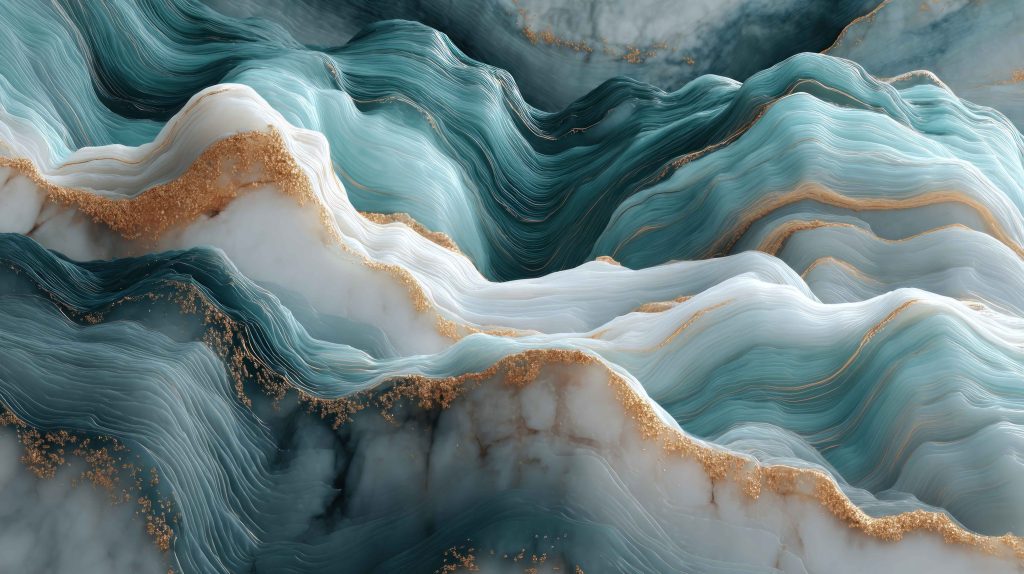 Abstract teal and white marble texture with flowing wave forms and gold detailing, representing fluidity, premium quality and the seamless blend of strategy and soul in marketing